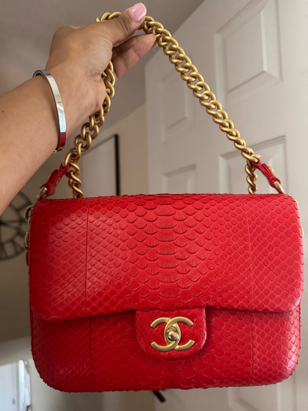 CHANEL Medium Classic Flap Red Python Snakeskin Gold Chain RARE